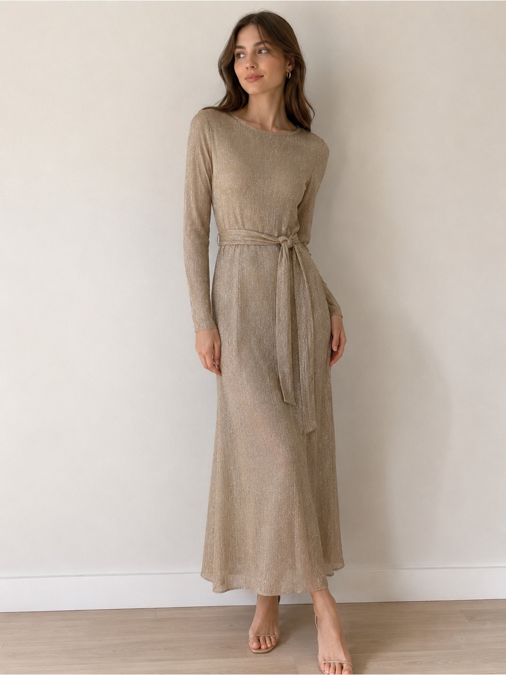 Anne Klein Elegant Long-Sleeve Metallic Gold Maxi Dress with Waist Tie size 4